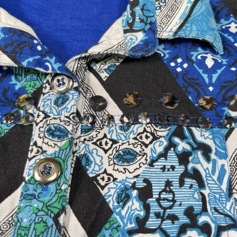 Choices‎ L Blue Patchwork Button Front Jacket Sequin Embellished Boho Eclectic - Picture 6 of 8